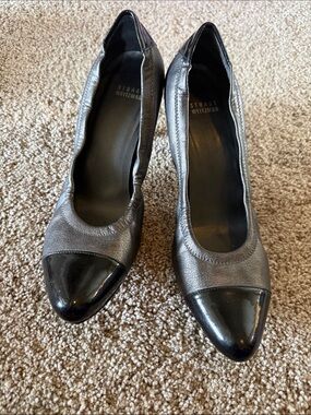 Stuart Weitzman Black Leather Pumps with Patent Cap Toe